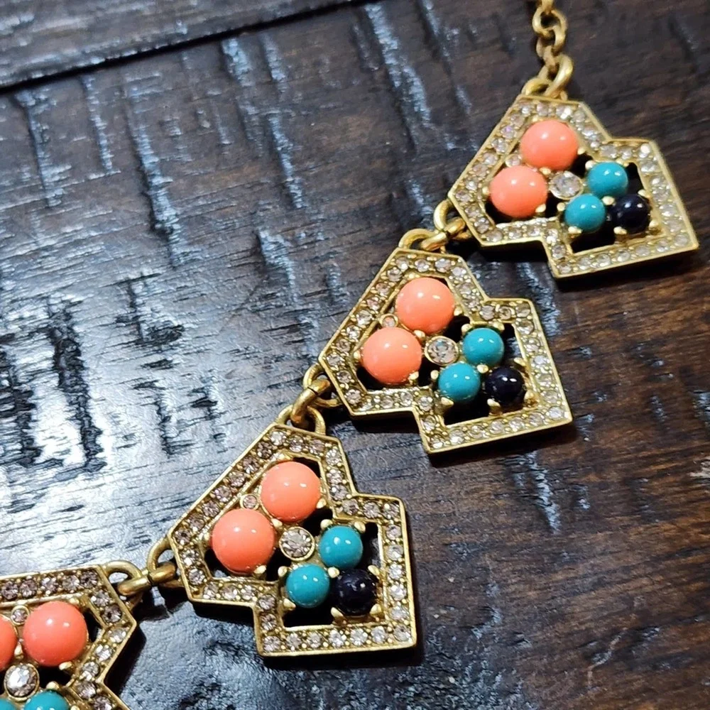 J. Crew gold peach and teal art‎ deco vintage vibes necklace